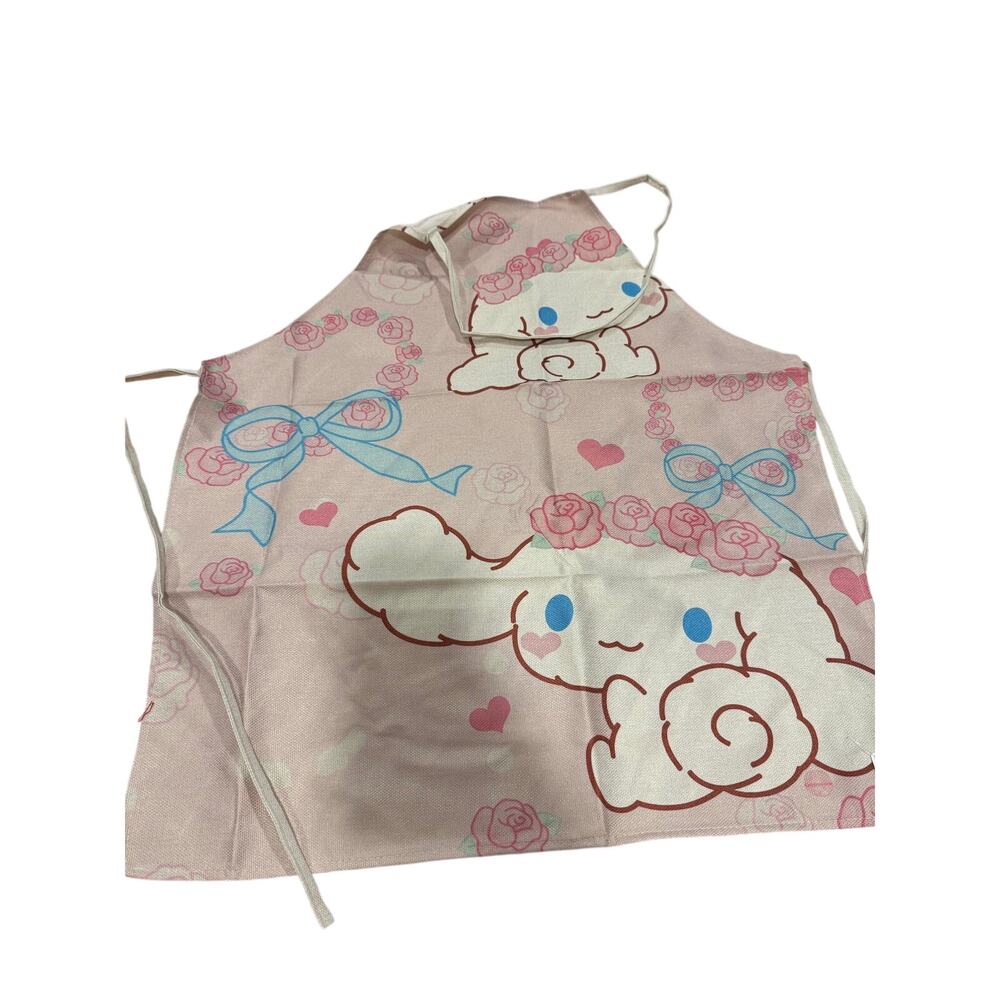 Cinnamoroll apron pink background, blue bows, pink roses, and hearts adult size